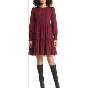 Eliza J Womens Burgundy Burnout Floral Long Sleeve Tiered Mini Dress Size 2 NWT